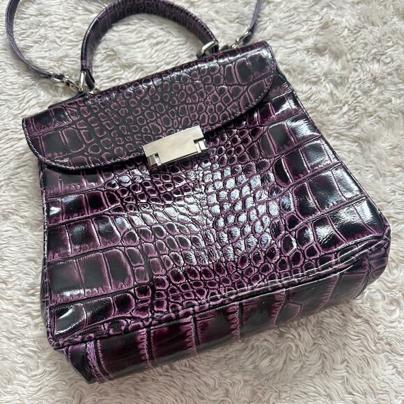 Purple Genuine Leather Crocodile Embossed Patent Purse Crossbody Bag Eggplant - Picture 2 of 11